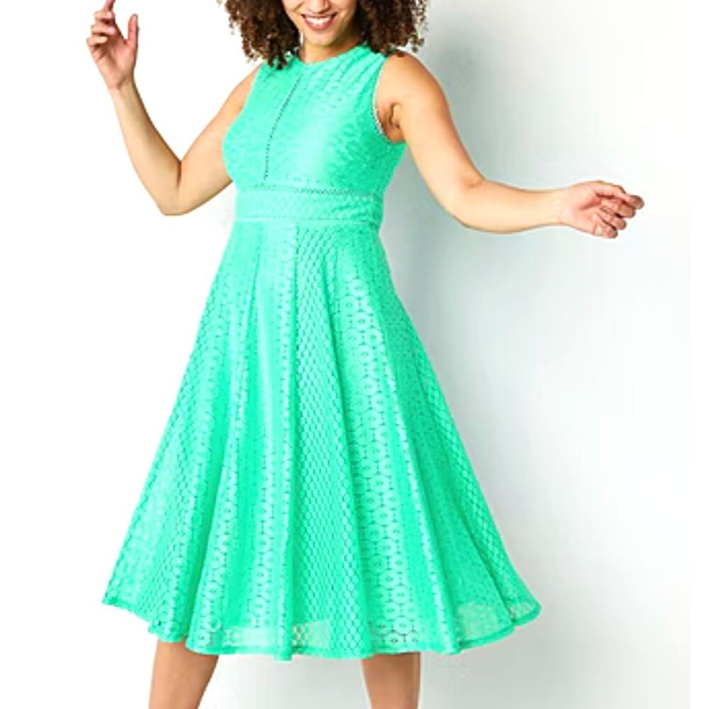 Danny & Nicole Green Guipure Lace Dress Womens SZ 14 Fit & Flare Sleeveless Zip